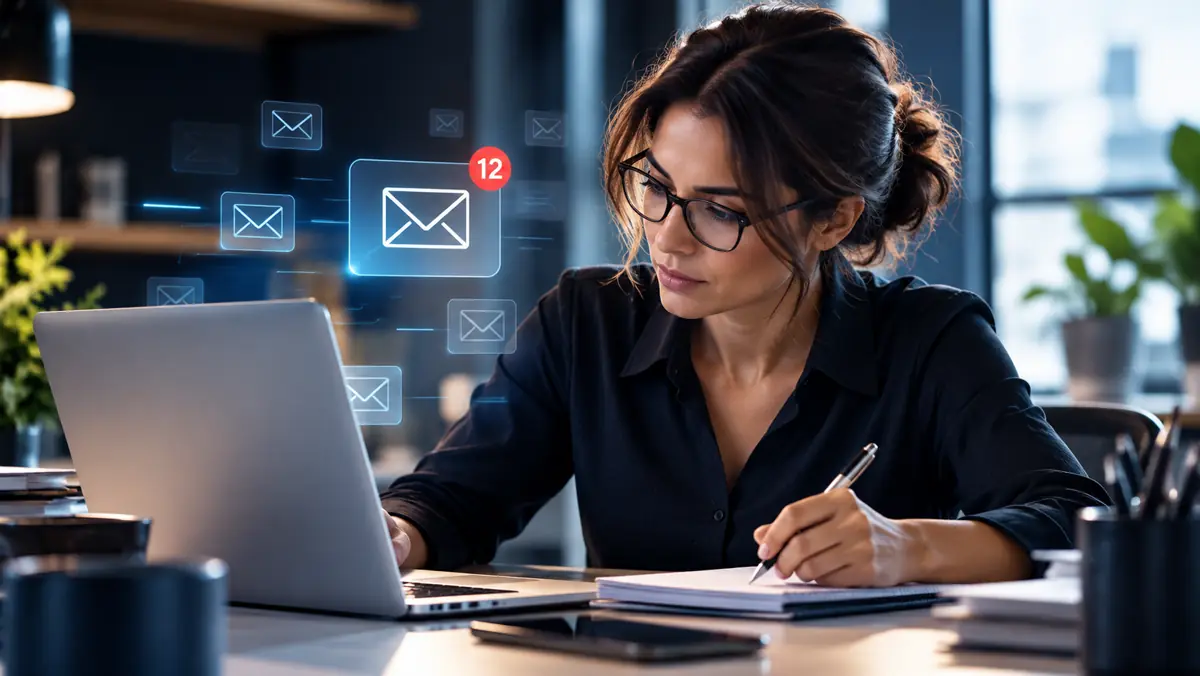 Persona revisando trabajo en su portátil junto a iconos de correo